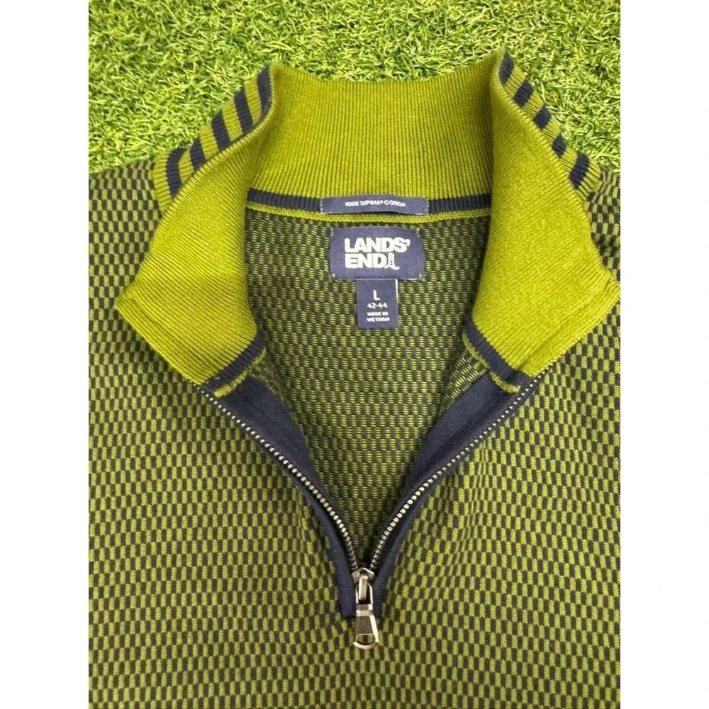 Lands' End Sweater Mens L 42-44 Green‎ Black Jacquard Knit Supima Cotton 1/4 Zip